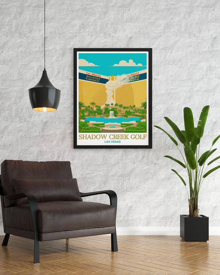 Wall Art featuring the stunning Shadow Creek Golf Course and The Mirage Hotel in Las Vegas. This print captures the essence of Las Vegas luxury, with the serene beauty of the golf course complemented by the vibrant energy of The Mirage. The artwork is ideal for adding a touch of elegance and excitement to any room.