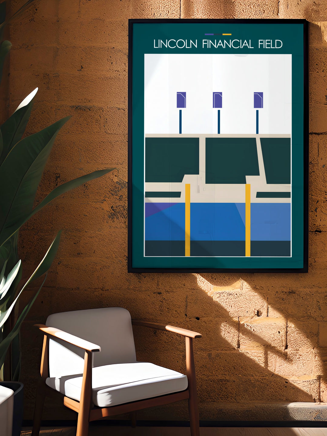 Modern Lincoln Financial Field sports art designed for NFL fans. This Philly poster showcases the home of the Eagles in minimalist style making it perfect for sports bedrooms offices and mid century modern decor enthusiasts.