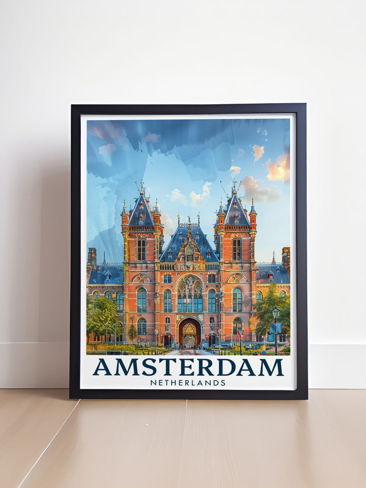 Stunning Rijksmuseum travel poster from Amsterdam. This Amsterdam wall art captures the essence of the citys rich history and iconic landmarks. Perfect for home decor and as a thoughtful gift for friends and family.