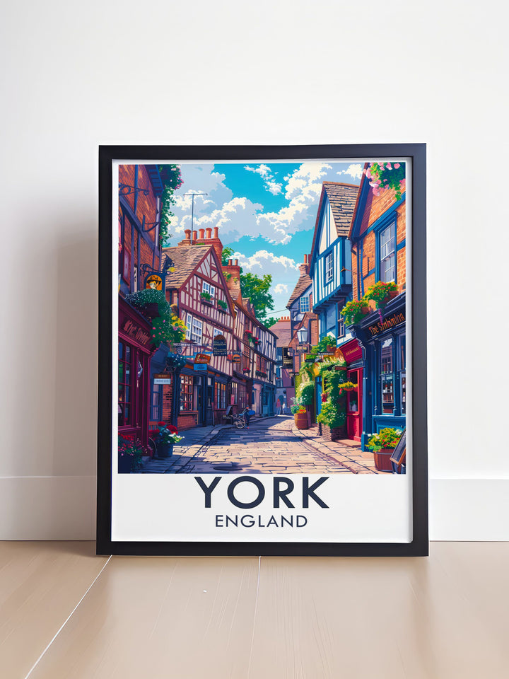 This York print beautifully illustrates The Shambles, emphasizing its unique character and vibrant atmosphere. Ideal for wall art enthusiasts, it invites viewers to explore one of Englands most charming streets.