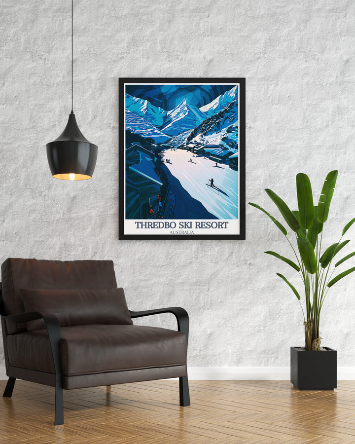 This vintage travel print of Thredbo Ski Resort showcases the iconic snowy peaks of the Australian Alps, a must visit destination for snowboarding and skiing enthusiasts. The artwork highlights Thredbo Village and the picturesque slopes, offering an ideal gift for winter adventurers and collectors of ski resort posters.