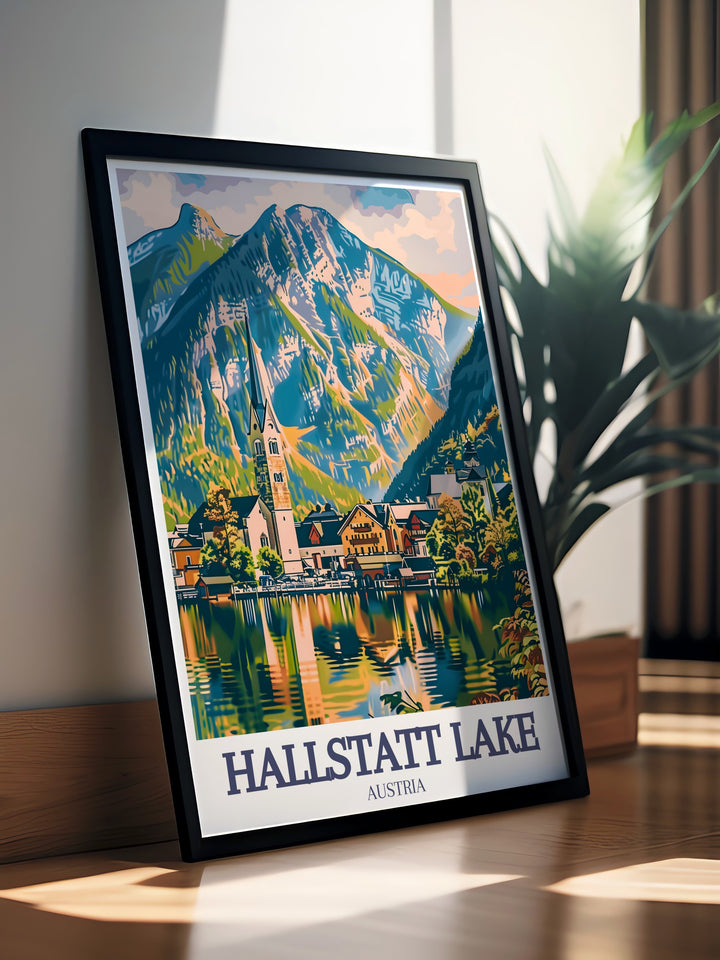 This Austria Alps print features the peaceful Hallstatt Lake set against the breathtaking Dachstein Mountains. The poster highlights the villages charm, from its scenic waterfront to its historical landmarks, making it a unique addition to any art collection.