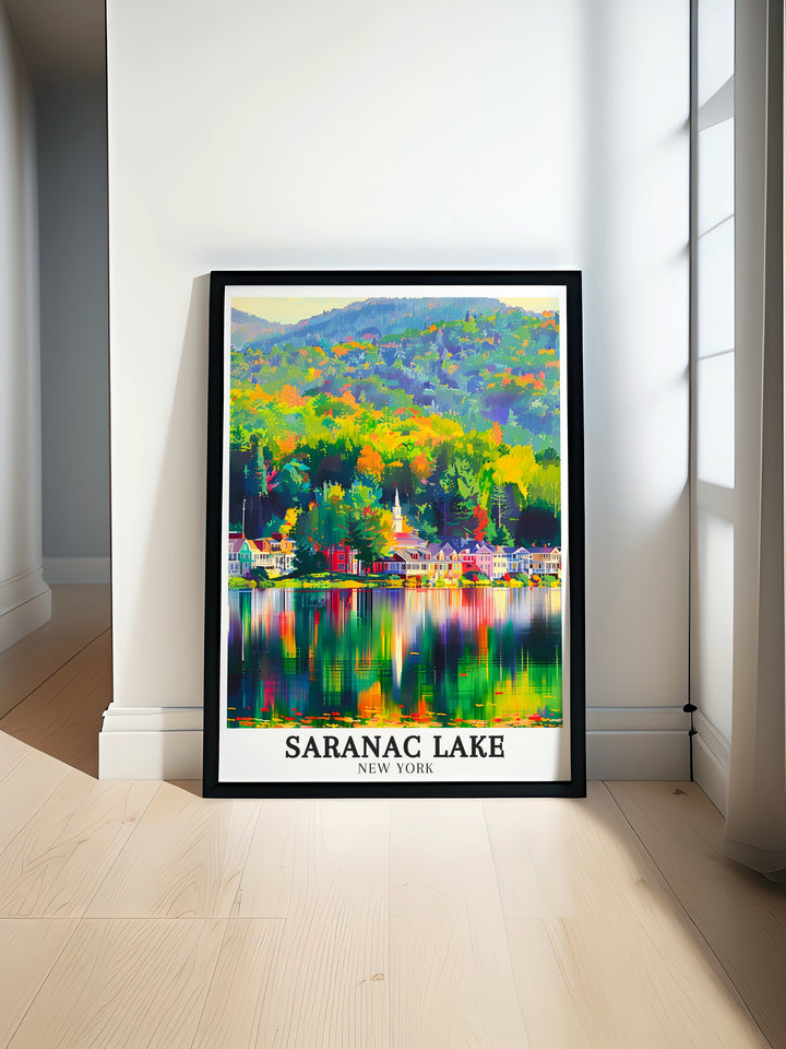 Saranac Lake poster print featuring the beautiful Lake Flower and Saranac River A perfect New York State art piece to bring the natural landscapes of the Adirondacks into your home decor Ideal for creating a serene and nature inspired living space