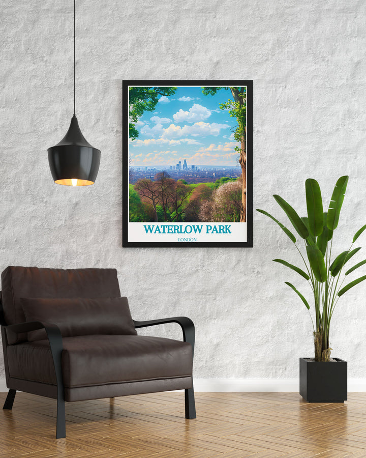 Add a touch of elegance to your home with Waterlow Park Modern Art this artwork captures the beauty of one of Londons finest parks making it an ideal choice for anyone looking to enhance their living space with sophisticated and timeless decor