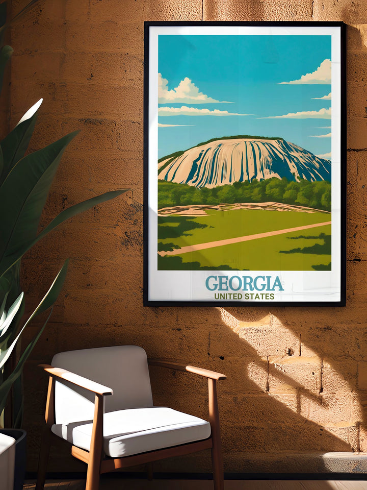 Experience the best of Georgia with this travel poster showcasing the grandeur of Stone Mountain Park and the modern skyline of Atlanta. Whether you love the great outdoors or the city life, this print is a must have for your wall art collection.