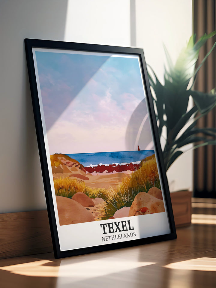 Travel wall decor pieces capturing the breathtaking scenery of Texel Islands De Koof Beach and The Dunes in the Netherlands. Perfect for those who love travel and nature, these wall decorations add a touch of elegance to any room. Enjoy the vivid colors and detailed landscapes of the island through our high quality travel wall art.