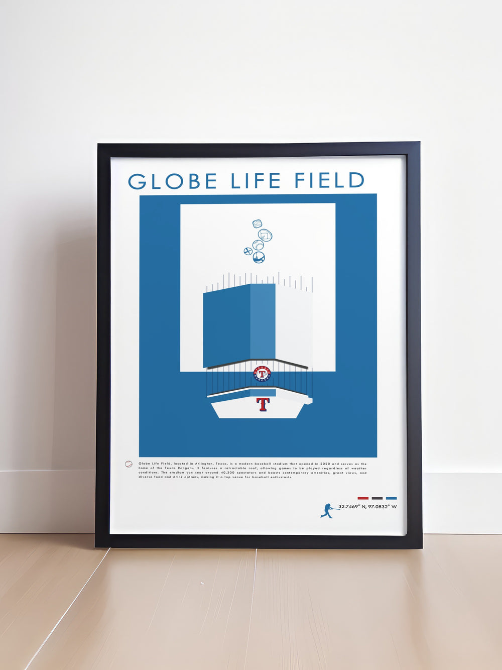 Stunning Texas Rangers print highlighting the vibrant colors and dynamic poses of the team with Globe Life Field in the background ideal for any fans collection