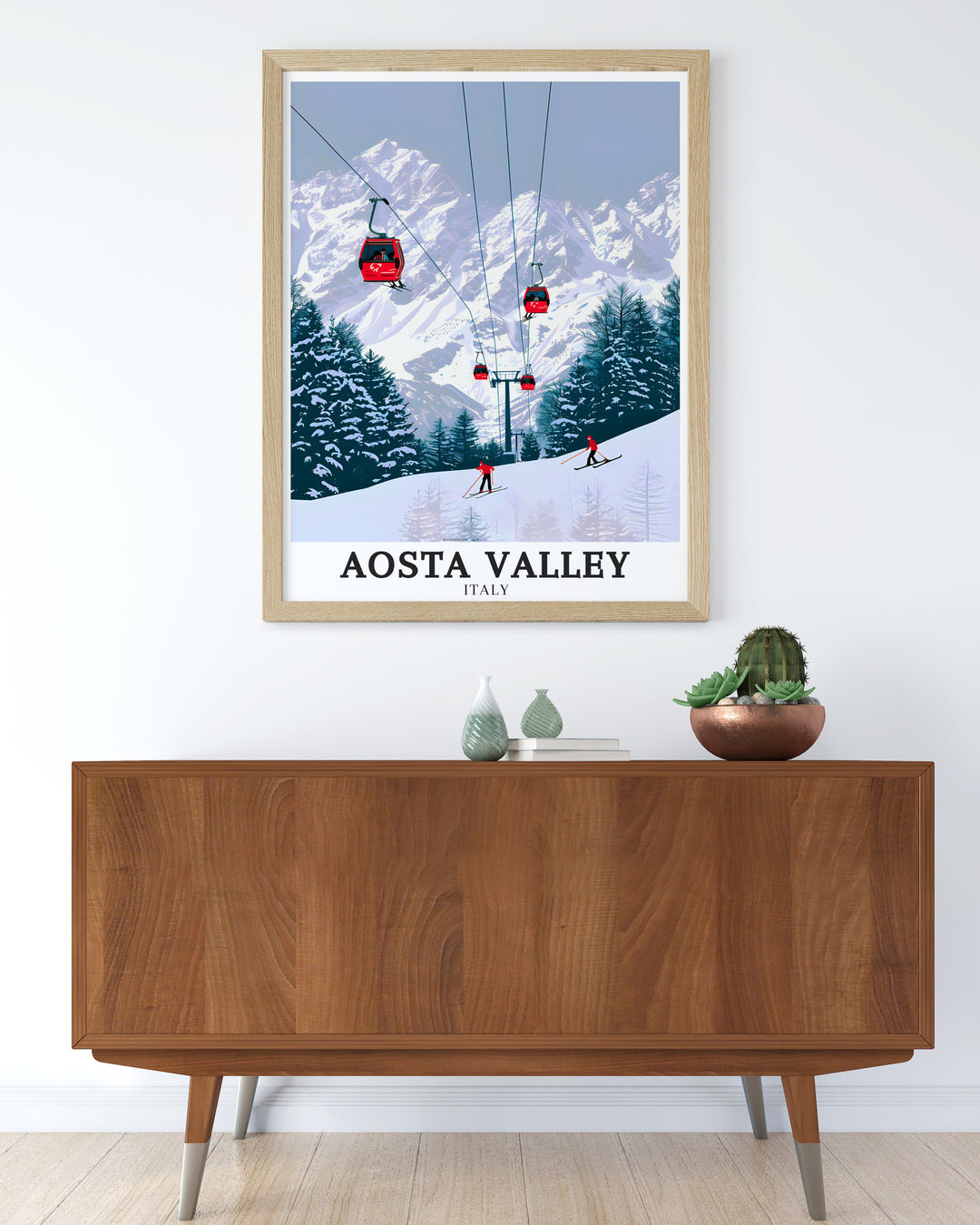 Aosta Valleys tranquil landscapes, Courmayeurs thrilling ski slopes, and Mont Blancs towering peaks are beautifully captured in this Italy artwork. This wall decor piece is ideal for those who want to bring a piece of Italys alpine beauty into their home. The fine detailing and vibrant colors make it a standout addition to any room, offering a glimpse into the heart of the Italian Alps.ki lift hanging on a wall