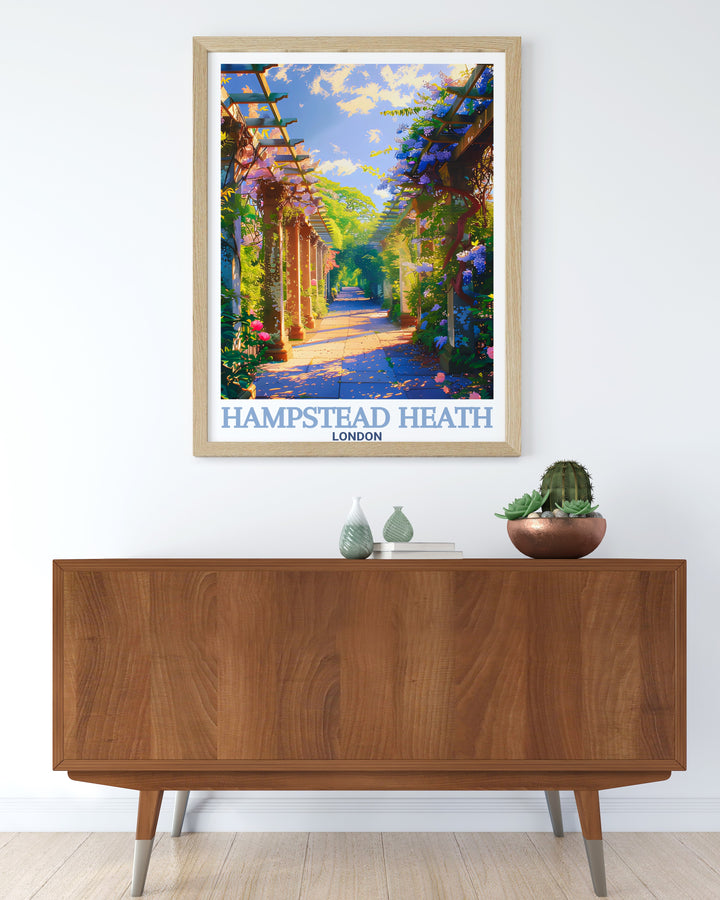 Framed art that brings together the peaceful setting of Hampstead Heath, the architectural beauty of Hampstead Pergola, and the scenic allure of Europe. Perfect for home décor enthusiasts looking for unique travel inspired artwork.