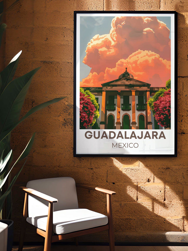 An intricate depiction of Guadalajaras vibrant street art, this poster captures the colorful and lively atmosphere of the city, ideal for enhancing any space with a touch of Mexican charm.