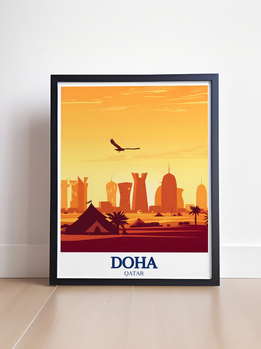 The rich history and natural beauty of Qatars desert are showcased in this vintage poster, where warm tones and classic design capture the timeless allure of this unique landscape.