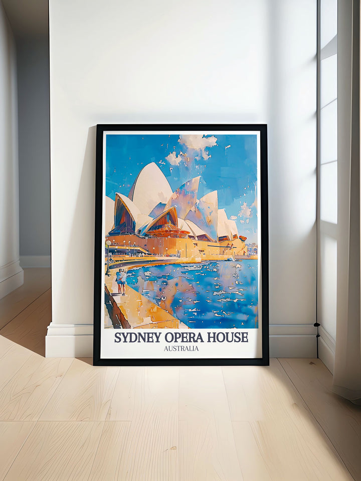 Vintage travel print featuring Circular Quay Sydney Harbour with the iconic Sydney Opera House and Harbour Bridge ideal for modern home decor and elegant living room art