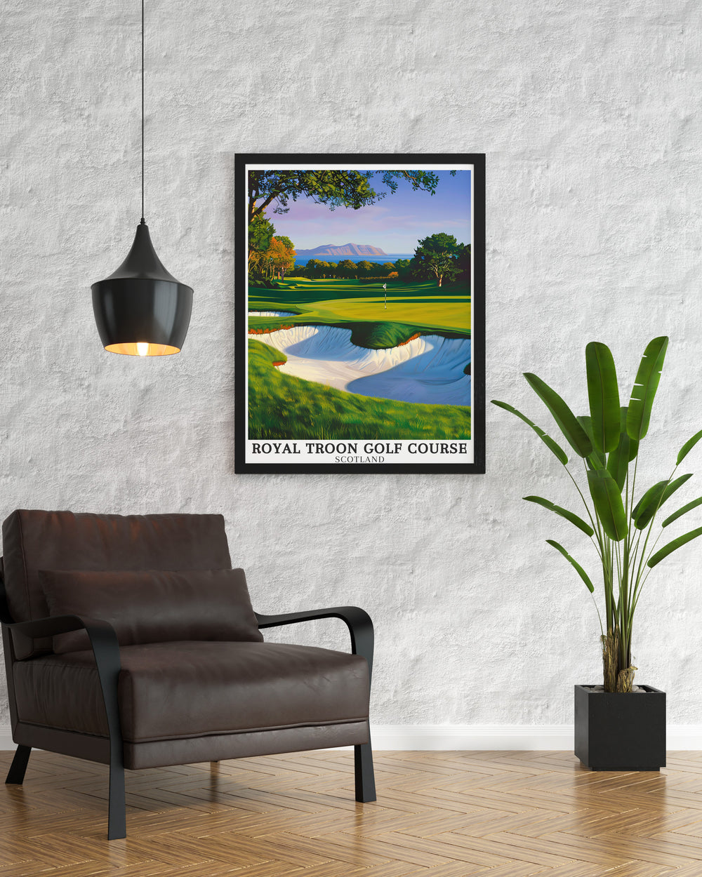 This golf art print of Royal Troon featuring the Postage Stamp hole and Isle of Arran is an ideal gift for golfers bringing the iconic Scottish landscape into your home decor perfect for fans of open golf tournaments and legendary courses like Augusta National.