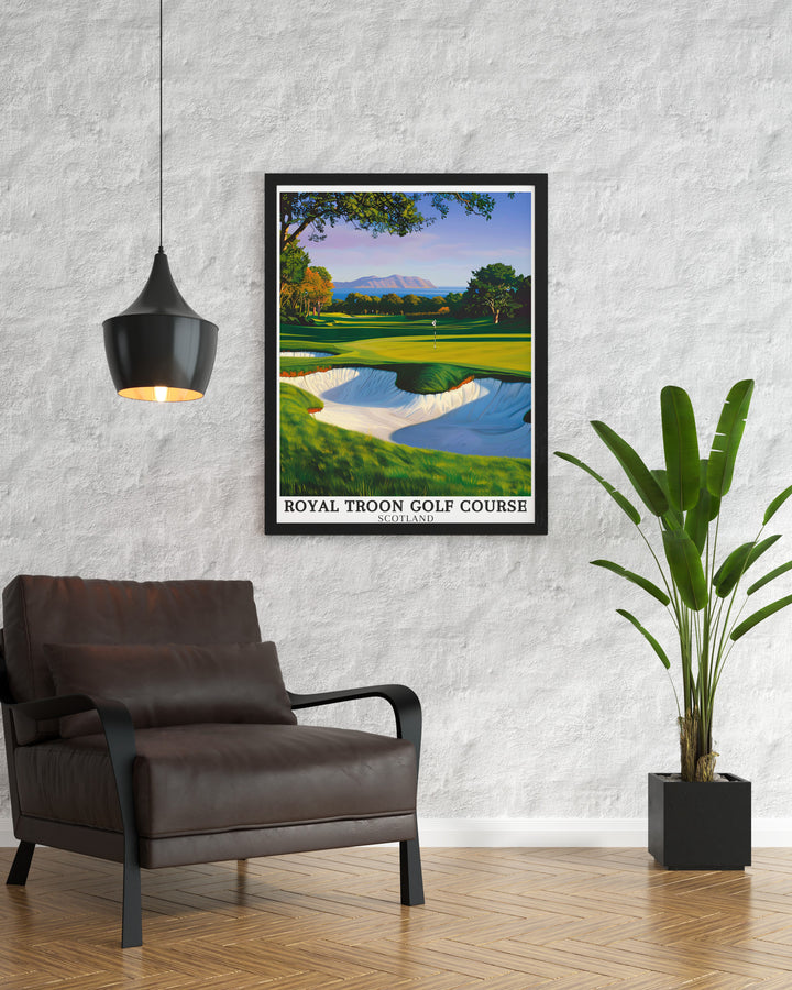 This golf art print of Royal Troon featuring the Postage Stamp hole and Isle of Arran is an ideal gift for golfers bringing the iconic Scottish landscape into your home decor perfect for fans of open golf tournaments and legendary courses like Augusta National.