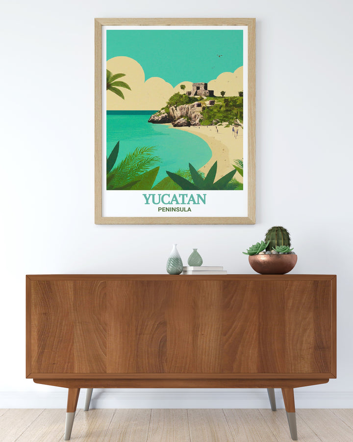 A detailed wall poster of Tulum, located on the Yucatan Peninsula. This artwork features the ancient Mayan ruins atop the cliffs overlooking the Caribbean, blending cultural heritage with stunning natural scenery. A perfect decor piece for history enthusiasts and travel lovers alike.