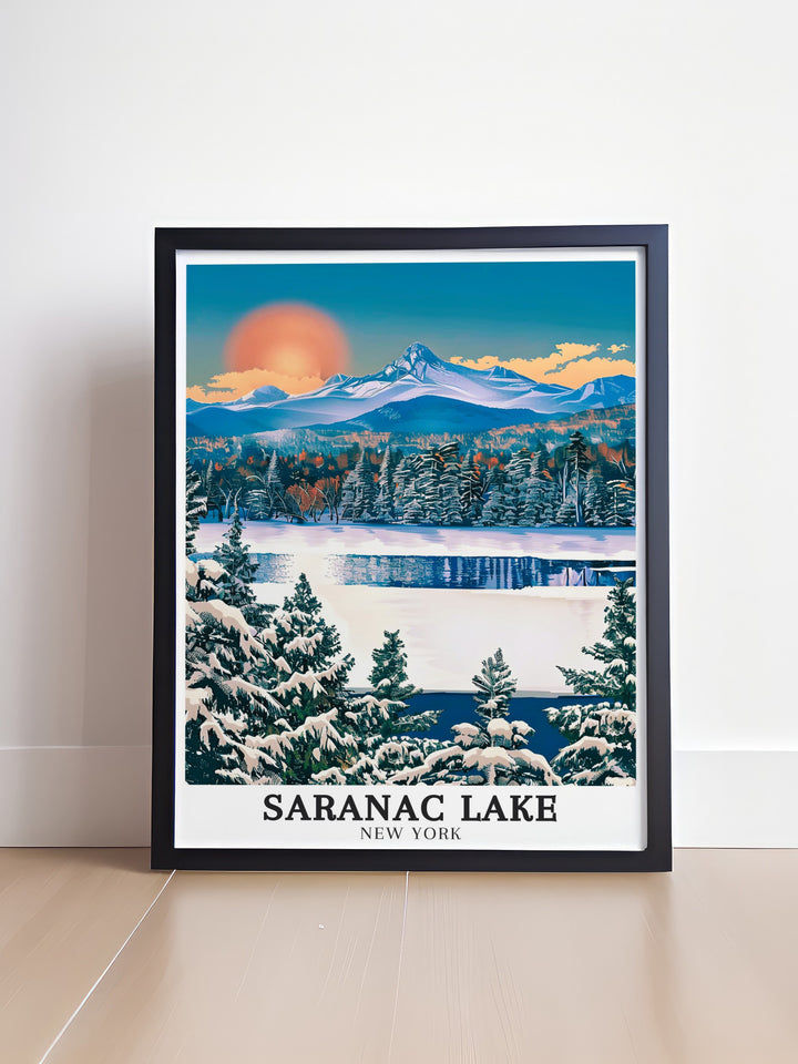 Bring the peaceful ambiance of Saranac Lake into your home with this print showcasing Mount Baker and Adirondack Mountains A stunning representation of New York State art this piece is perfect for enhancing your home with nature ninspired decor