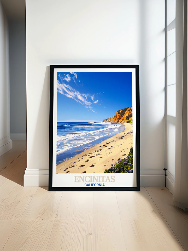 Swamis Beach wall art highlights the stunning coastal views and surf culture of California. This travel print is perfect for those who appreciate the beauty of the ocean and the thrill of riding the waves at one of Californias most beloved beaches.