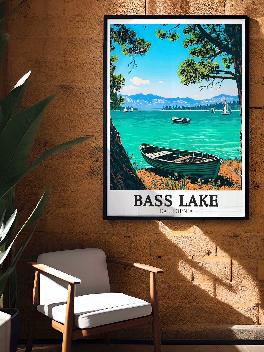 Bass Lake Poster highlighting the breathtaking views of Sierra Nevada Mountains and Sierra National Forest an ideal wall art for anyone who loves Yosemite California and vintage travel prints.