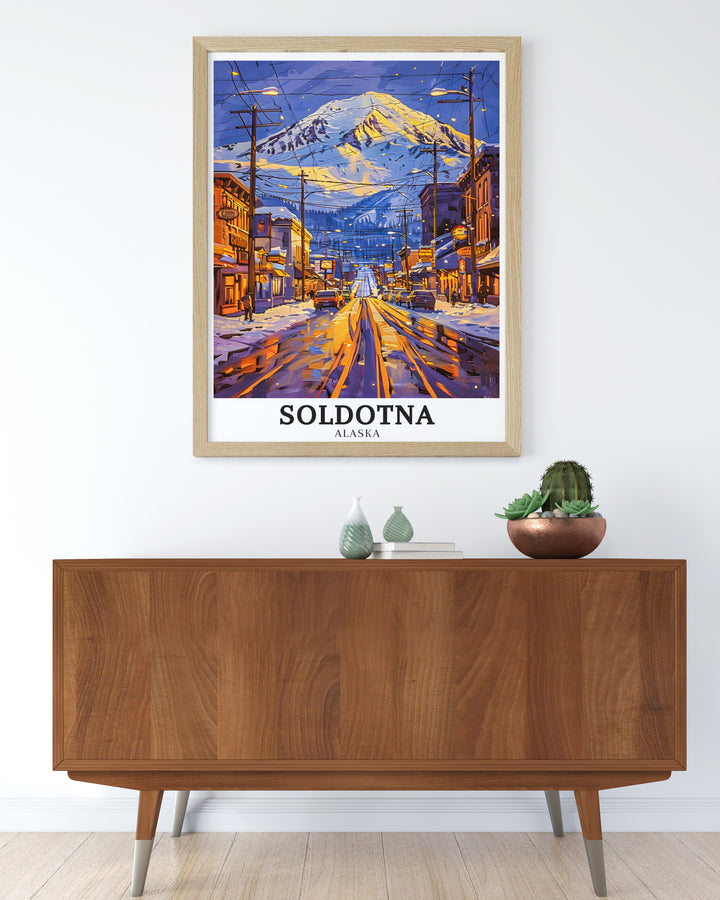 Elegant Alaska wall art highlighting the impressive Mt. Redoubt and the quaint town of Soldotna. This artwork perfectly blends Alaskas natural wonders with the charm of its communities, enhancing any decor