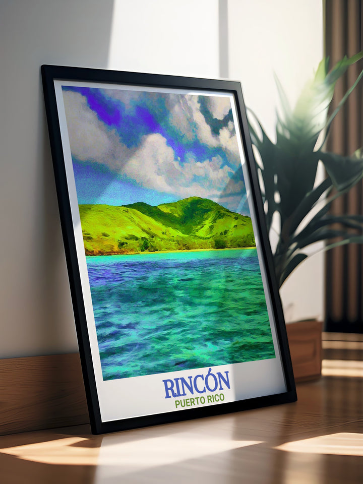 Rincón Beach travel print showing the pristine shoreline and the vibrant colors of a California sunset. Desecheo Island looms in the distance, making this artwork a perfect representation of California’s natural wonders. Ideal for lovers of coastal décor and adventure.