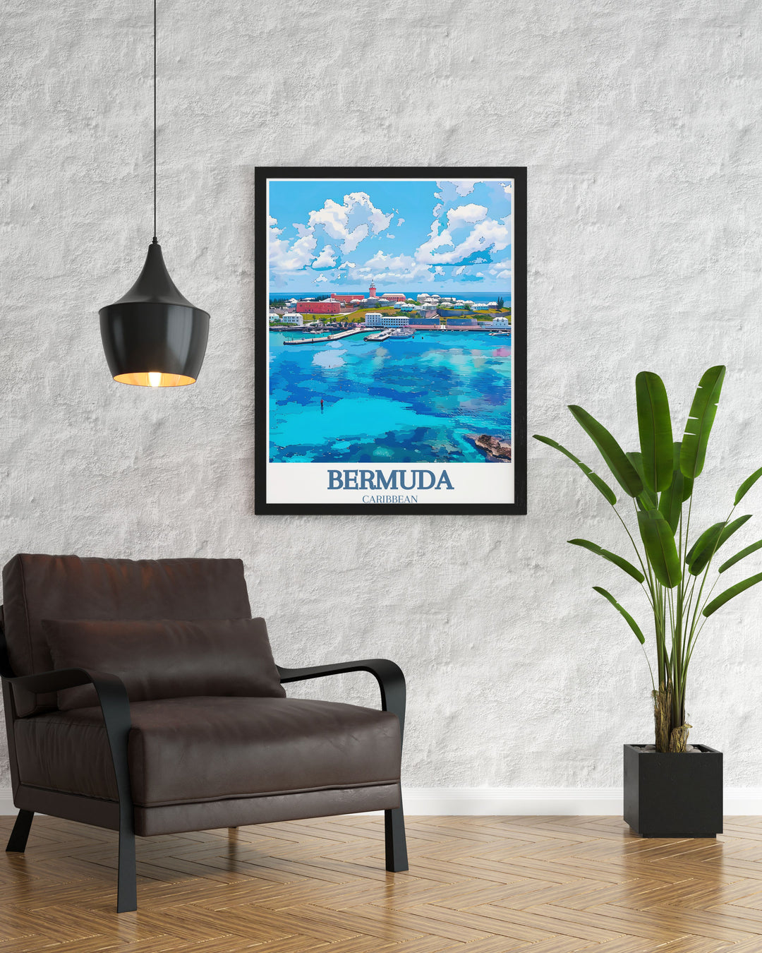 Elegant Bermuda wall art depicting St. Georges Town and St. Peters Church, showcasing the islands historical and architectural beauty. Perfect for adding sophistication and a touch of history to any room.