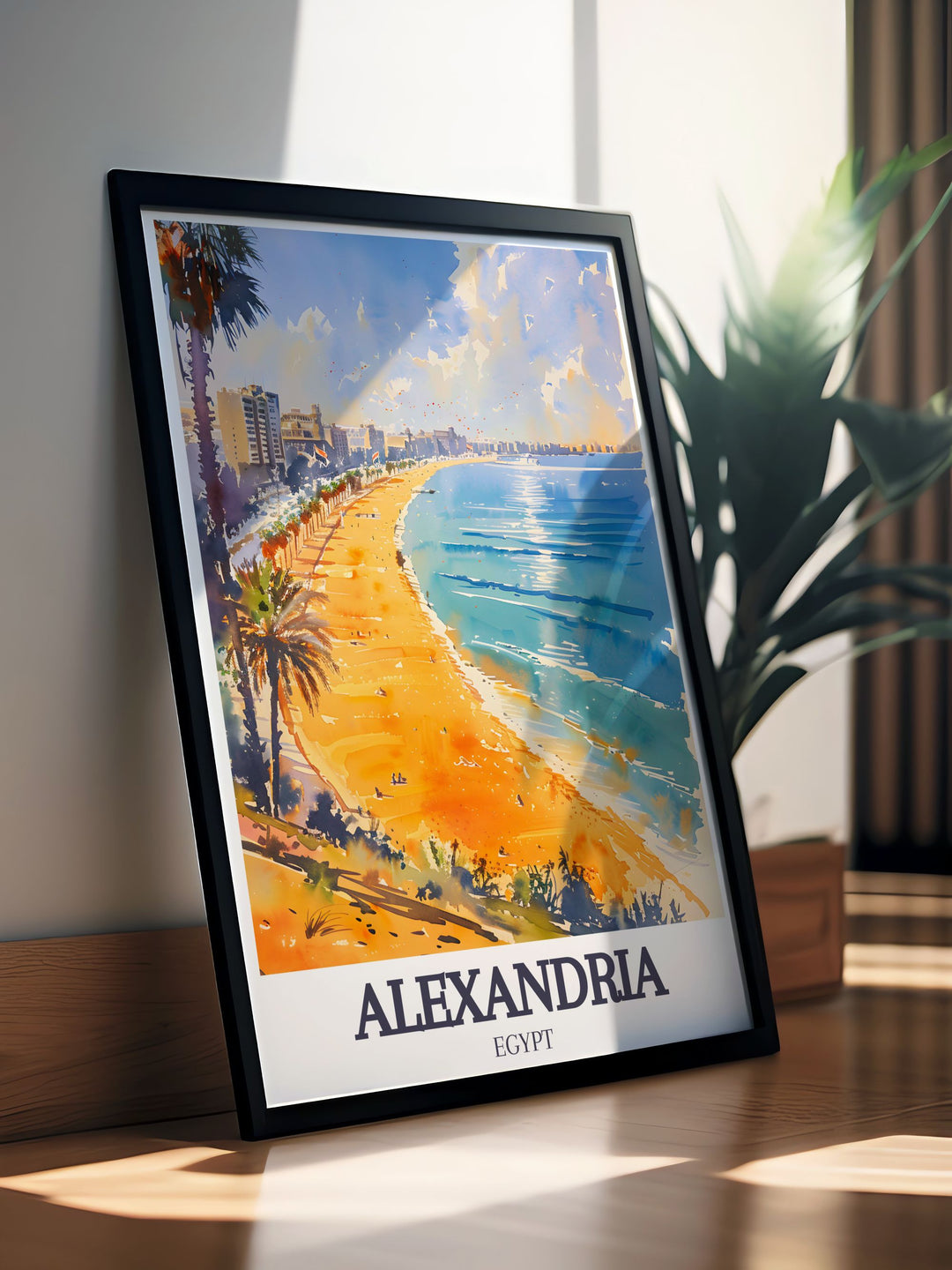 This Alexandria Egypt map art print features Stanley Beach and Corniche Promenade in a vibrant and colorful design. Ideal for home or office decor, this print brings the citys rich heritage and dynamic culture to your walls.