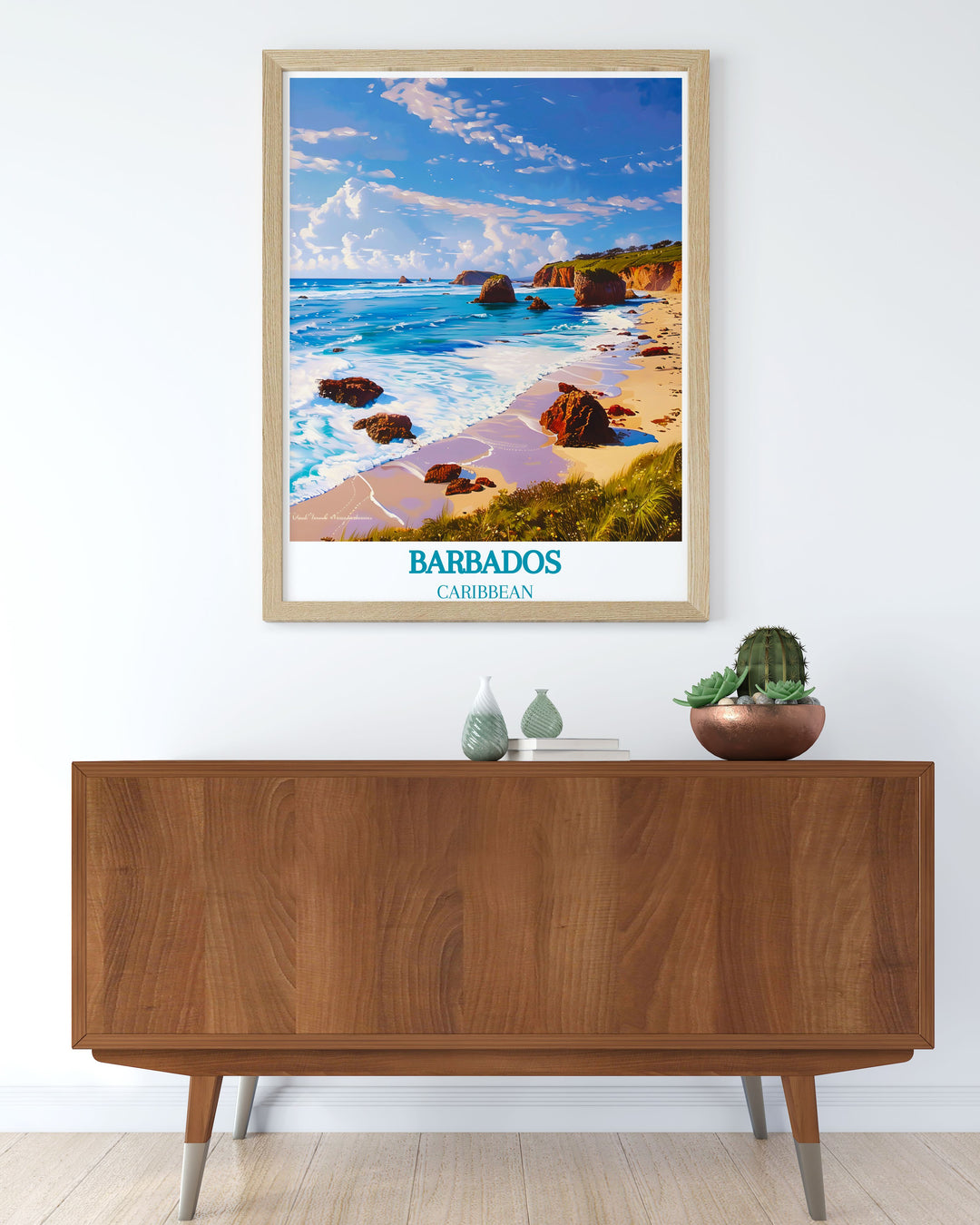 Barbados travel poster showcasing the lush landscapes and pristine beaches of the island, perfect for inspiring wanderlust and a sense of adventure in any space.