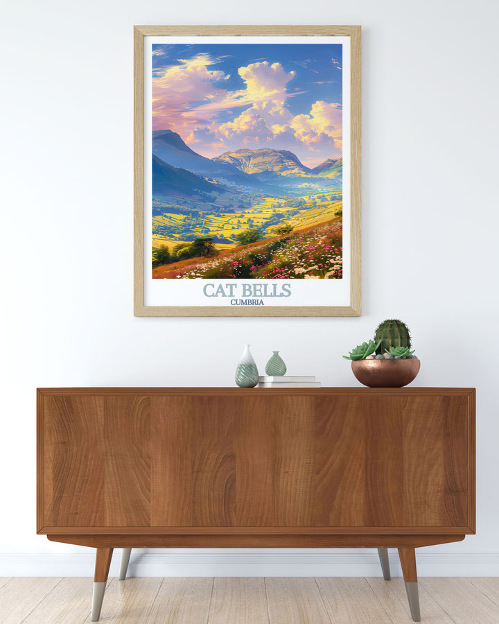 Discover the beauty of Newlands Valley with our detailed and vibrant prints perfect for wall decor this travel poster brings the stunning scenery of Derwentwater and Cat Bells Cumbria into your home making it an excellent gift for hikers and nature lovers.