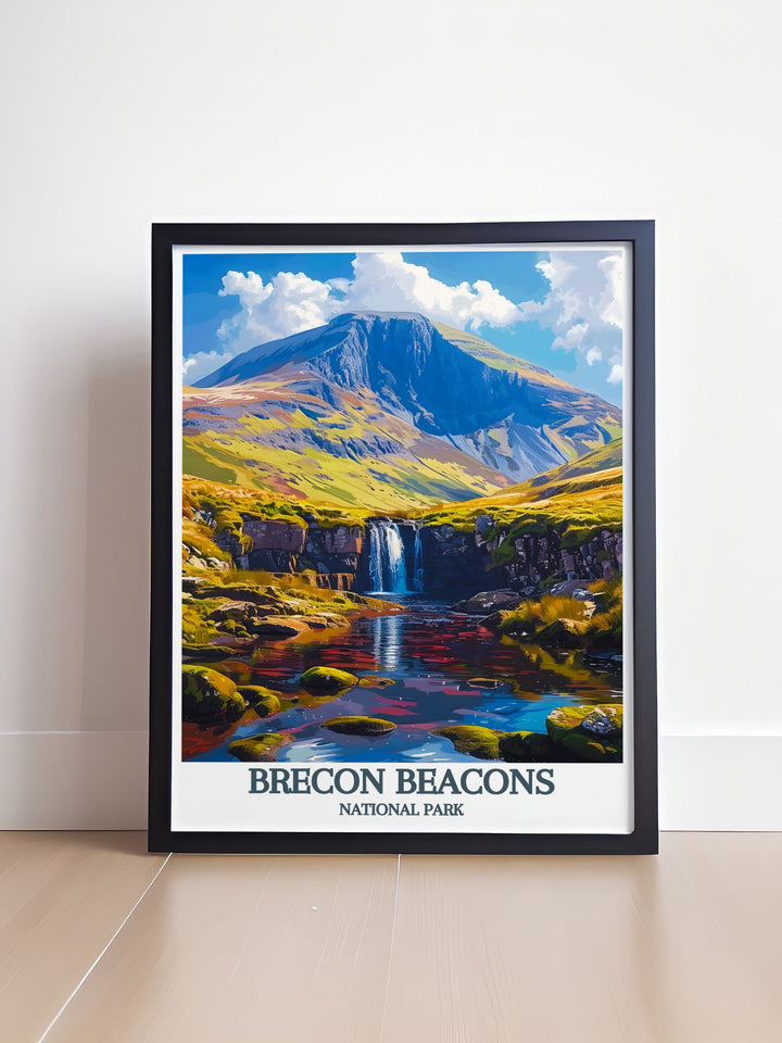 Brecon Beacons National Park print highlighting the majestic Pen Y Fan and Corn Du mountains. The retro travel poster style adds a timeless touch to your decor celebrating the beauty of Wales