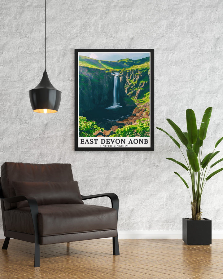 Beautiful Spekes Mill Mouth Waterfall Modern Decor featuring the stunning waterfall and surrounding Devon Countryside this artwork enhances your home with its serene and tranquil representation of the UK Countryside