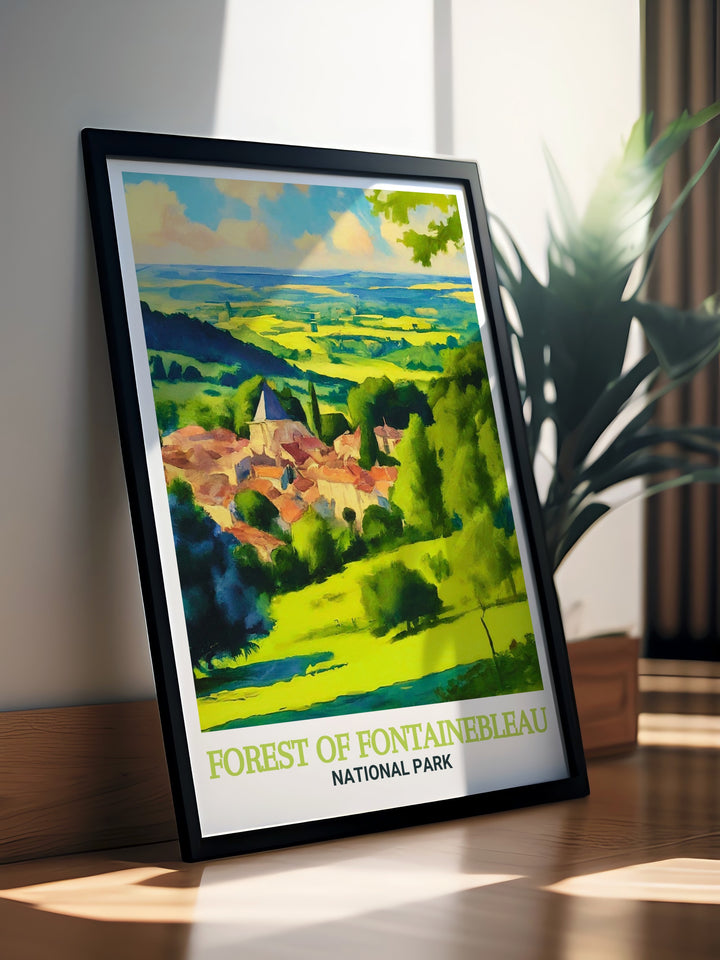 Fontainebleau travel art showcases the serene beauty of one of Frances most famous landscapes. Featuring lush greenery and ancient trees, this piece is ideal for outdoor enthusiasts and lovers of French scenery. Bring the beauty of the French countryside into your home with this elegant artwork.