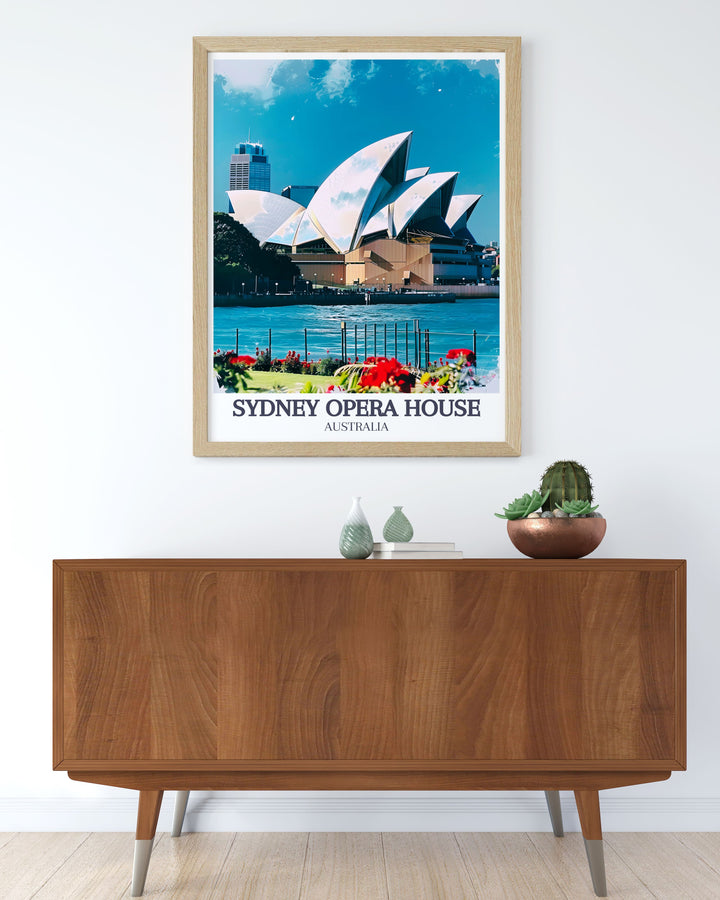 Stunning living room decor featuring Sydney Harbour Harbour Bridge modern art prints perfect for bringing the beauty and elegance of Sydney Opera House into your home