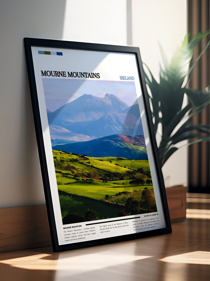 Our Mourne Mountains poster is a perfect gift for any occasion highlighting the breathtaking scenery of Northern Irelands National Park making it a thoughtful present for friends or loved ones who appreciate natural beauty.