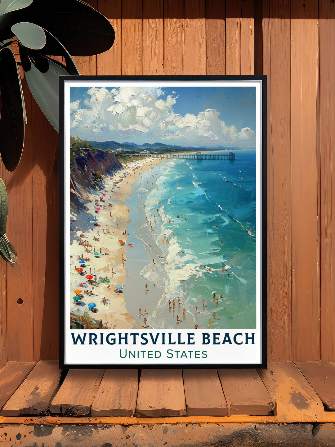 Timeless framed art depicting the historic architecture and pristine shores of Wrightsville Beach, North Carolina. The vibrant colors and detailed illustrations celebrate the beachs rich heritage and natural beauty, perfect for adding a touch of coastal elegance to your decor.