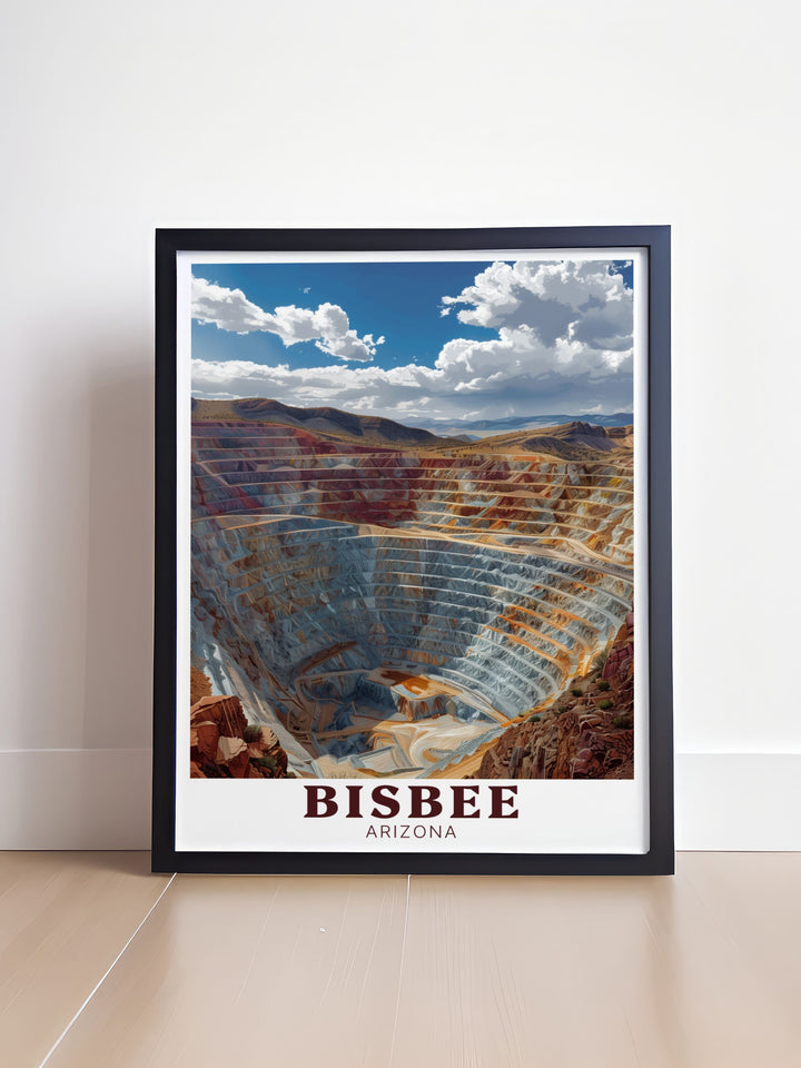 Lavendar Pits modern prints showcase the charm of Bisbee Arizona in a stylish and colorful way. This Arizona poster makes for stunning home decor and is an ideal gift for lovers of Arizonas landscapes and heritage.