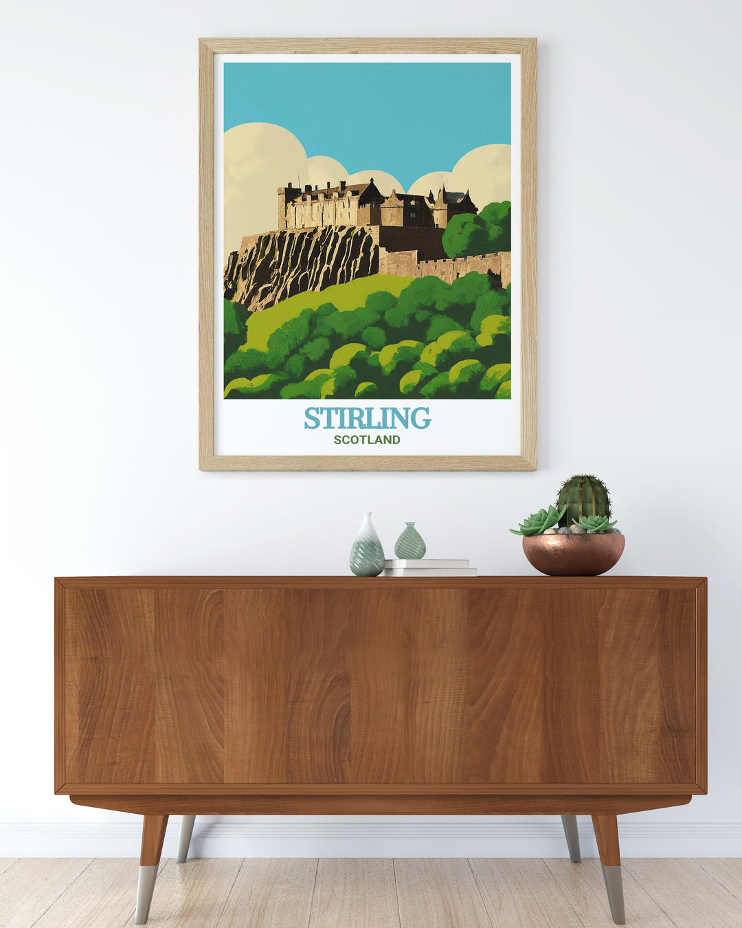 The grandeur of Stirling Castle is showcased in this Scotland vintage poster. The artwork highlights the historic architecture and stunning landscapes, making it a timeless piece of wall décor for anyone passionate about Scotlands past.