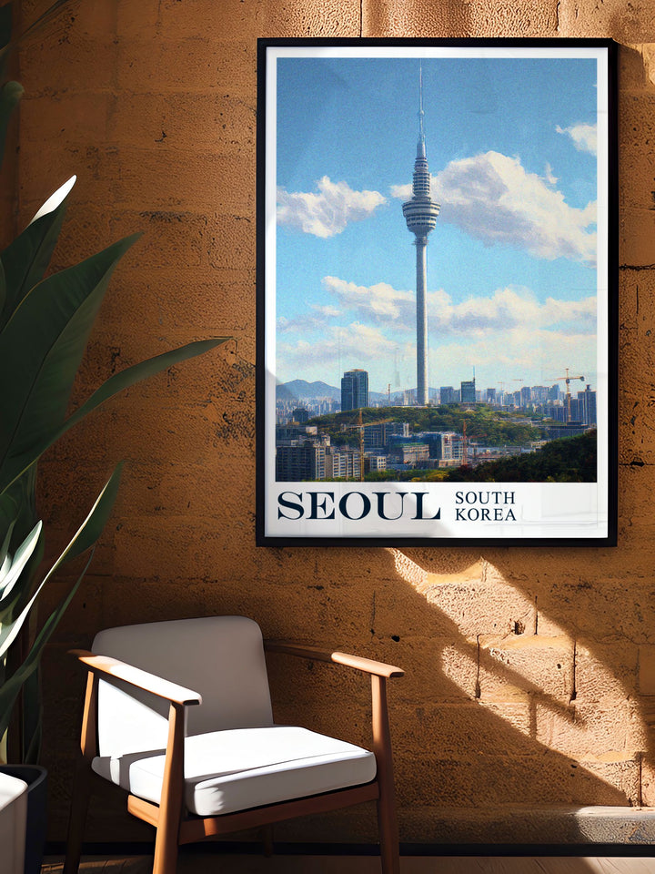 The N Seoul Tower, with its iconic perch atop Namsan Mountain, is the focus of this detailed Seoul Art Print. This travel inspired piece brings the magic of Seoul to your home, making it ideal for anyone who cherishes the culture and beauty of South Koreas capital city.