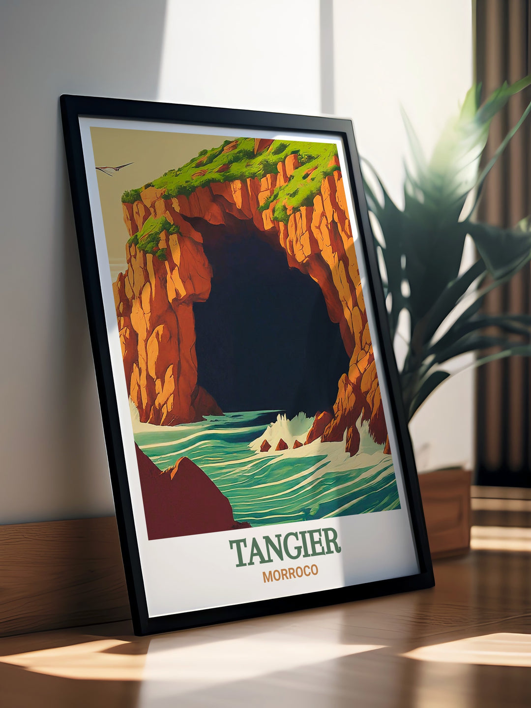 A beautiful canvas art piece highlighting the natural beauty of the Hercules Caves in Tangier. This travel print showcases the dramatic landscape, making it a perfect addition to any Moroccan or global inspired home.