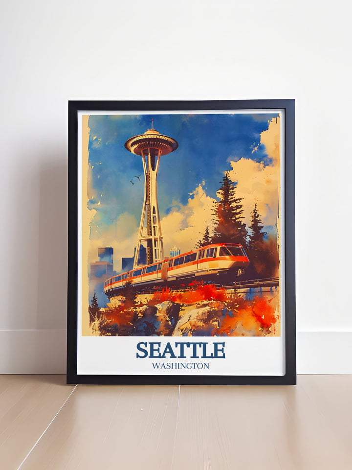 Our Seattle Poster captures the charm of Seattles skyline, featuring the Space Needle and the sleek Monorail. This travel print serves as a great memento for visitors and a stylish piece of wall décor for any modern home or office.