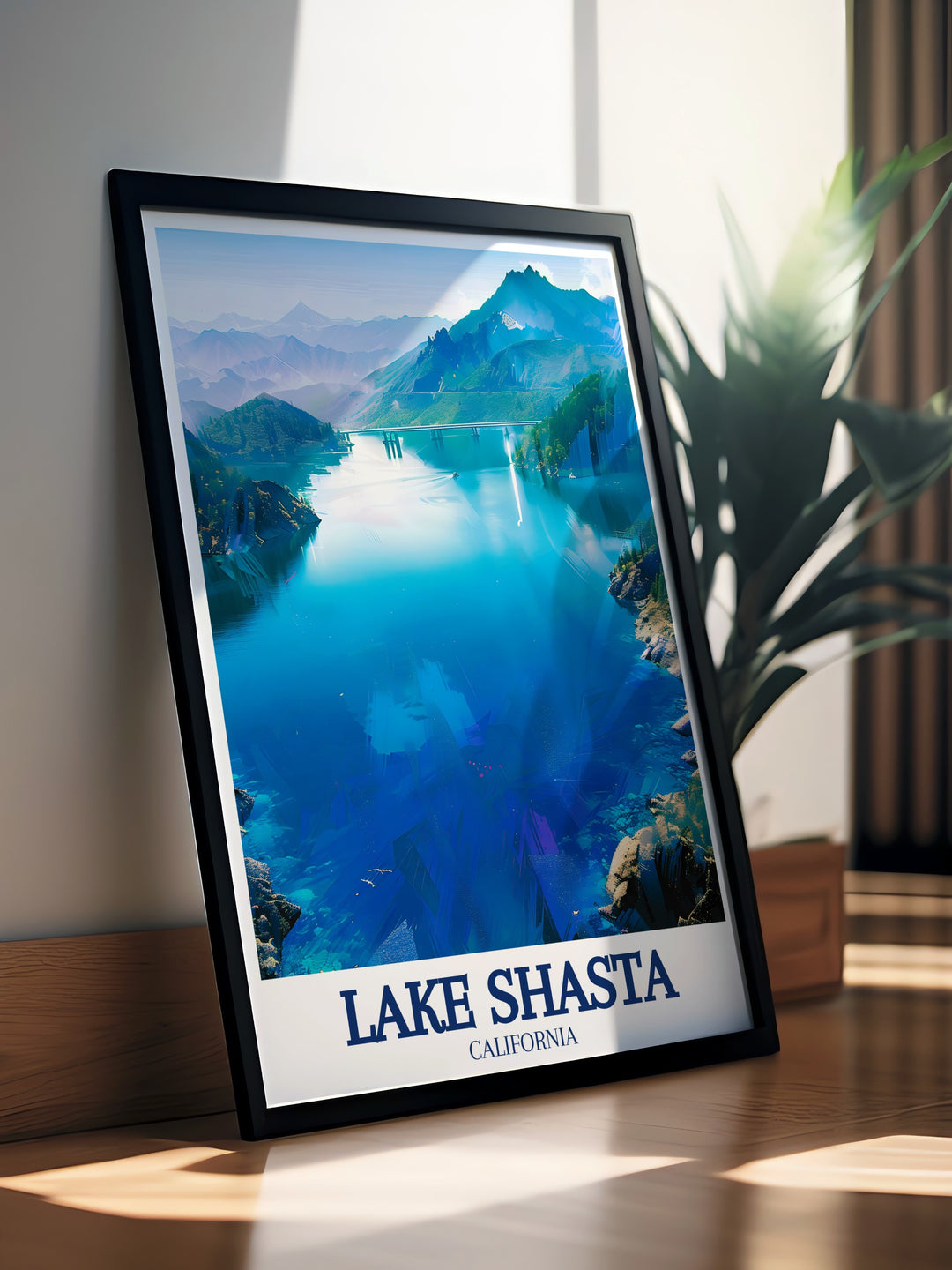 A stunning Lake Shasta wall art print featuring the expansive lake and its rugged surroundings. This California travel art is perfect for anyone who loves hiking, camping, or simply appreciating the outdoors, bringing a slice of California wilderness into your home.