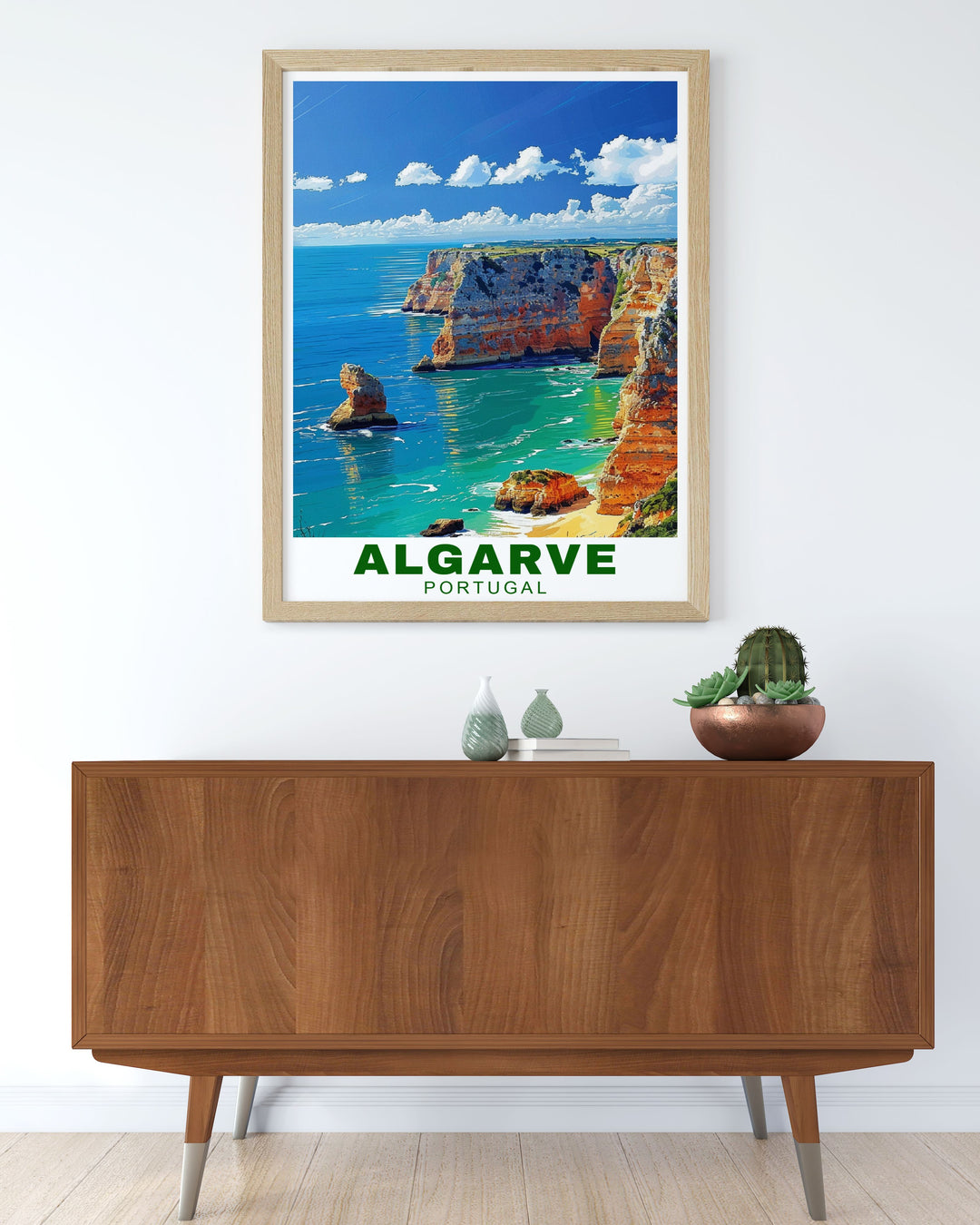Highlighting the serene Algarve cliffs, this poster showcases Portugals breathtaking coastal beauty, making it a perfect addition for those who appreciate scenic travel art.