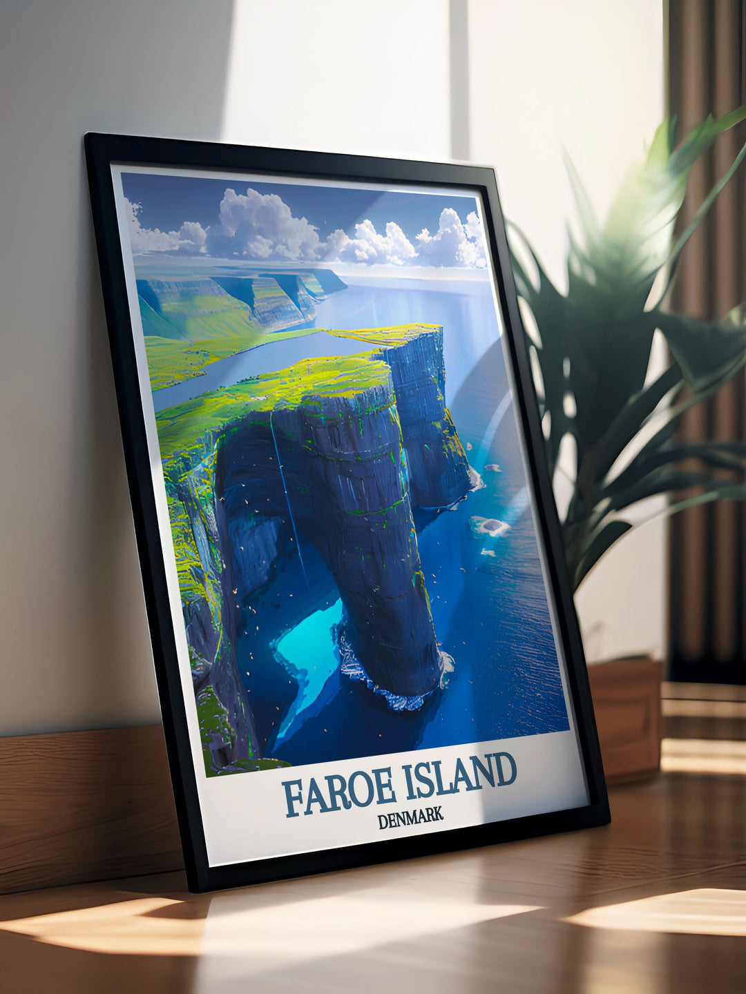 This travel poster of Sørvágsvatn captures the dramatic beauty and serene environment of one of the Faroe Islands most treasured natural landmarks, offering a glimpse into Denmarks stunning wilderness.
