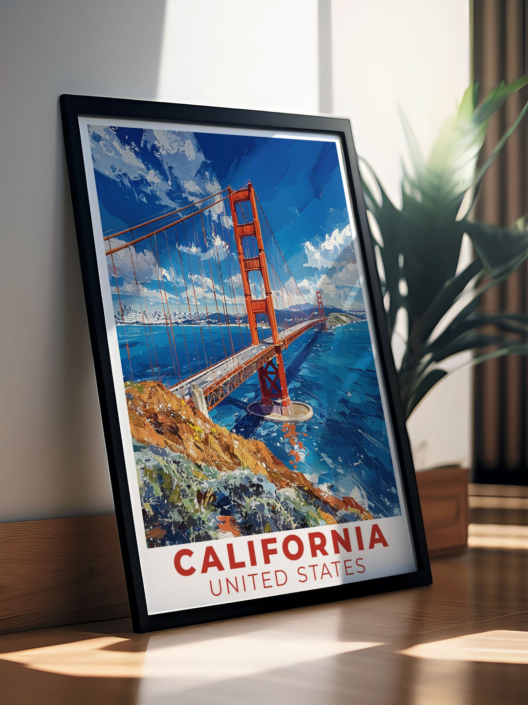 California travel print featuring the Golden Gate Bridge a timeless piece of wall art that brings the majestic view of San Franciscos famous landmark into your home perfect for travelers and art lovers seeking unique decor