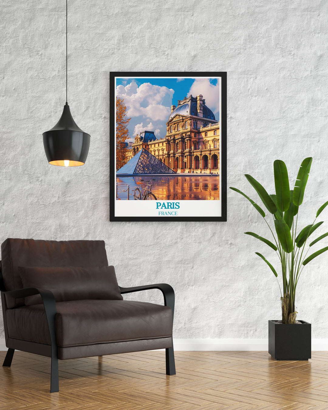 Bright Paris Travel Print Poster featuring a colorful depiction of the Louvre Museum. This eye catching Paris Art Print enhances any room with a touch of Parisian charm and elegance.