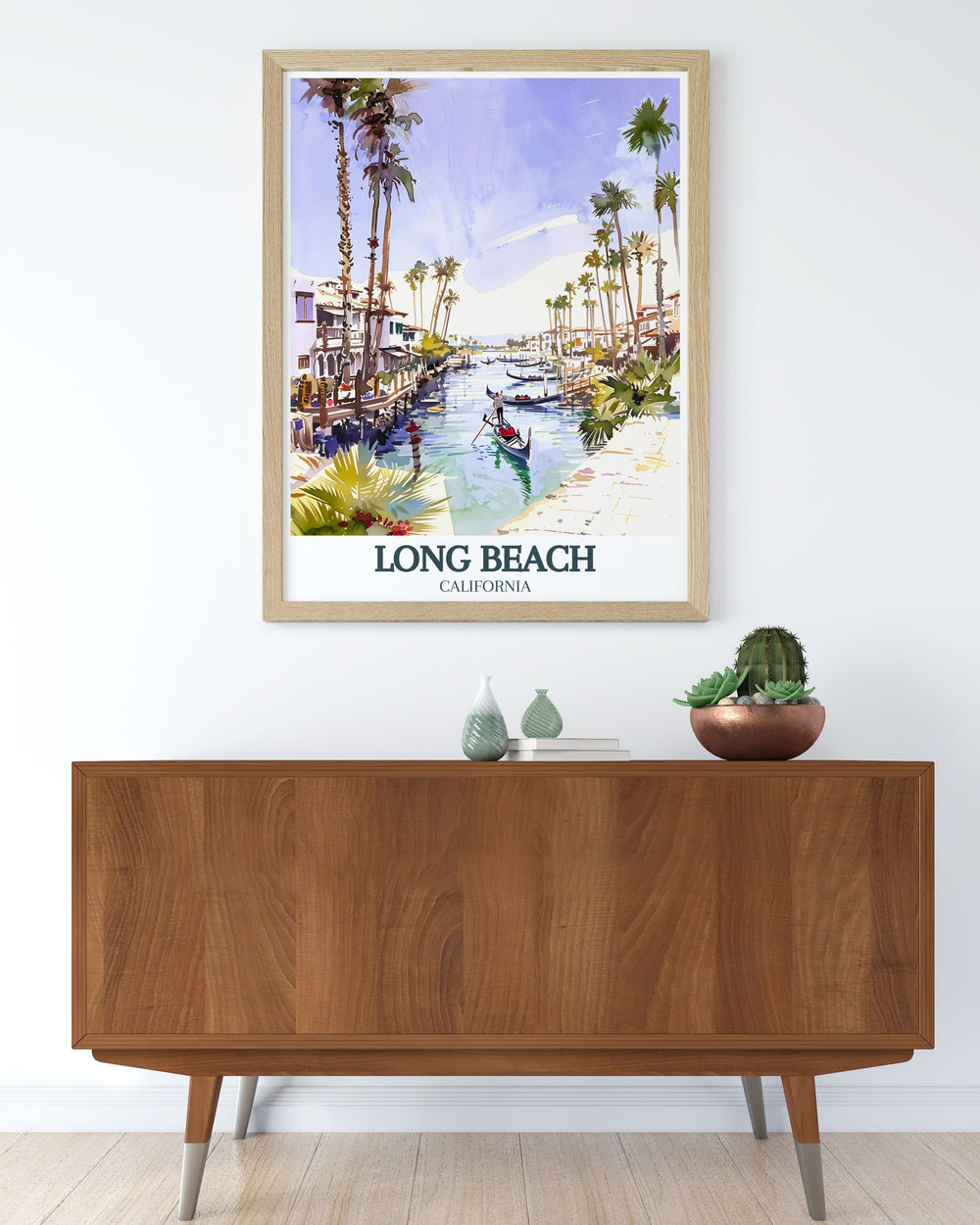 Elevate your space with a Long Beach Print featuring Belmont Shore and Naples Canals. This vintage poster showcases the Long Beach skyline and cityscape in bold colors, making it ideal for home decor and personalized gifts that celebrate the charm of California.