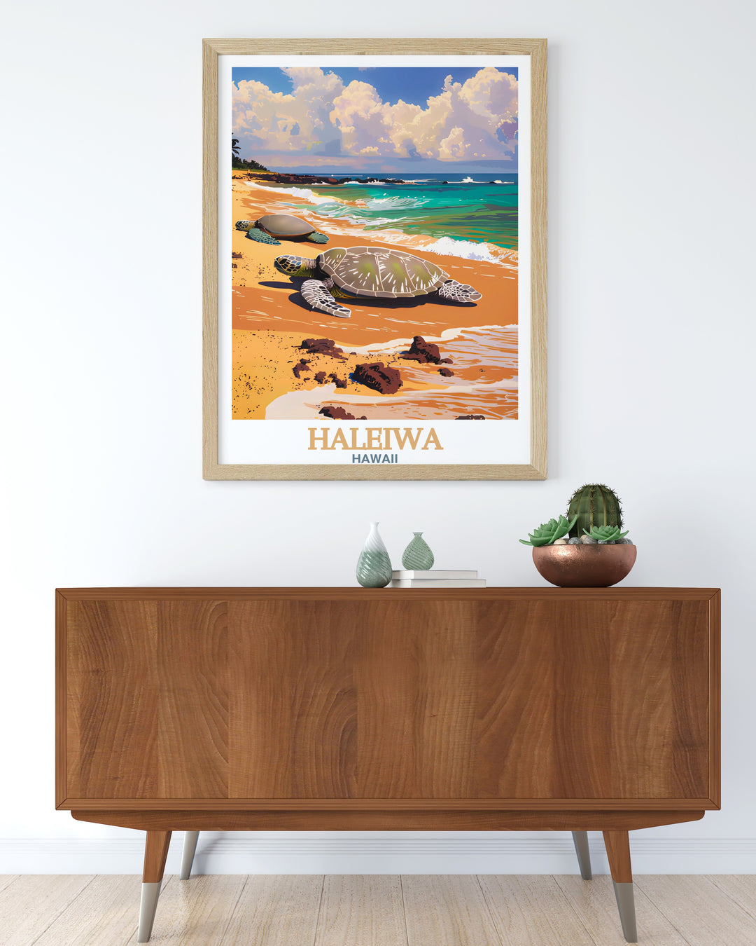 This stunning Haleiwa travel print combines the scenic beauty of Laniakea Beach Turtle Beach with the vibrant Haleiwa skyline A perfect decor option for any living room or bedroom it brings the tropical charm of Hawaii into your home