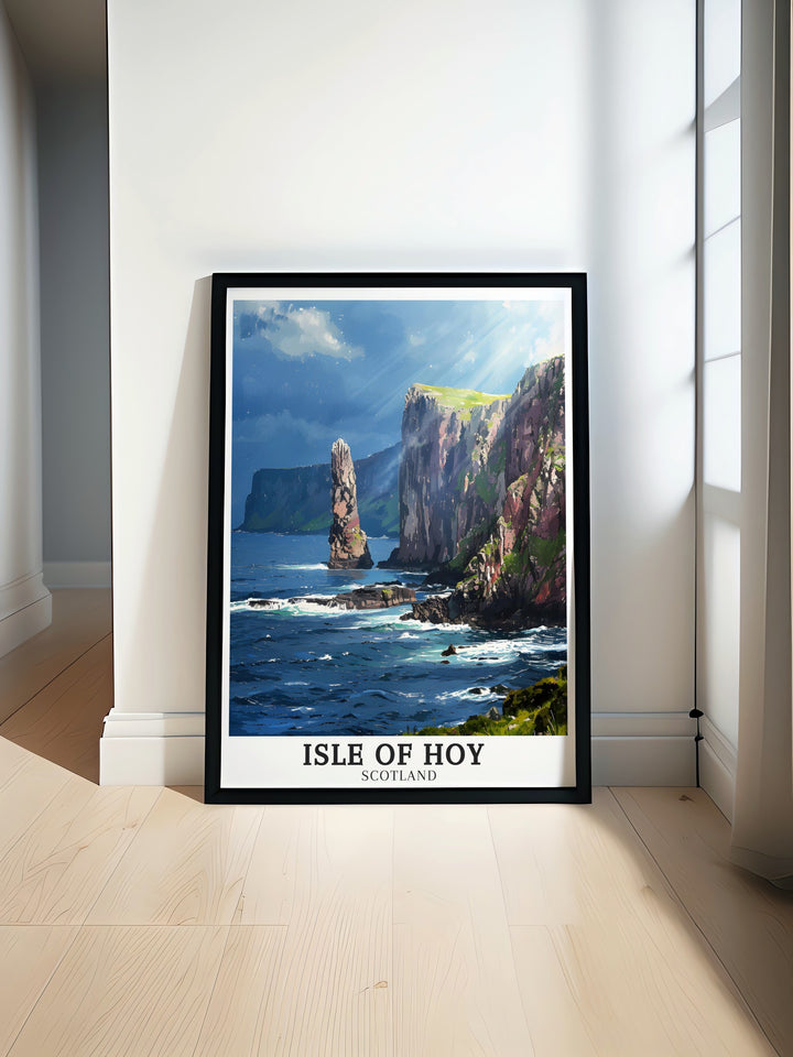 The towering Old Man of Hoy and the imposing cliffs of St Johns Head are the stars of this Isle of Hoy travel print. Perfect for adding a touch of Scotlands coastal grandeur to your decor, this wall art piece makes an excellent gift for anyone who admires Scotlands rugged beauty.