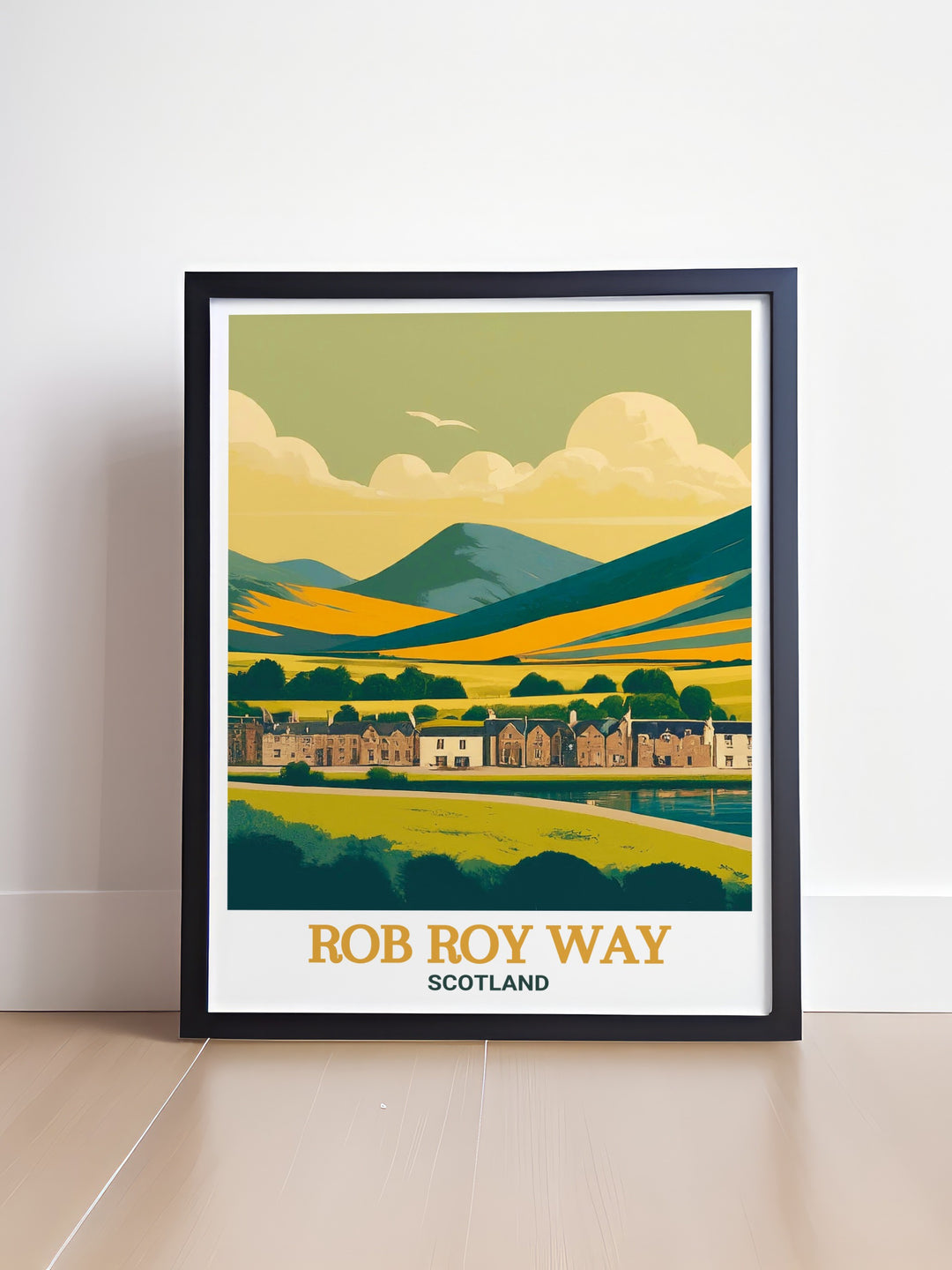 A stunning travel poster of the Rob Roy Way trail, including picturesque views of Drymen and The Trossachs. Perfect for hiking lovers, this print captures the essence of Scotlands wild terrain and serves as a beautiful piece of home decor.