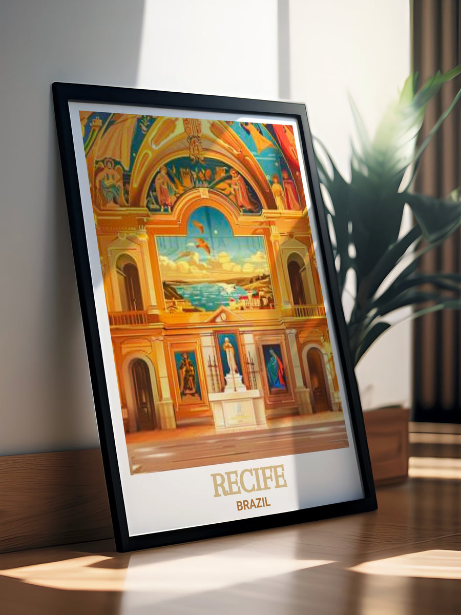 Recife art print of the Capela Dourada, an architectural masterpiece in Brazil. This artwork showcases the gold adorned interiors and Baroque features of the chapel, making it an elegant addition to any space, and a must have for art lovers and travel enthusiasts.