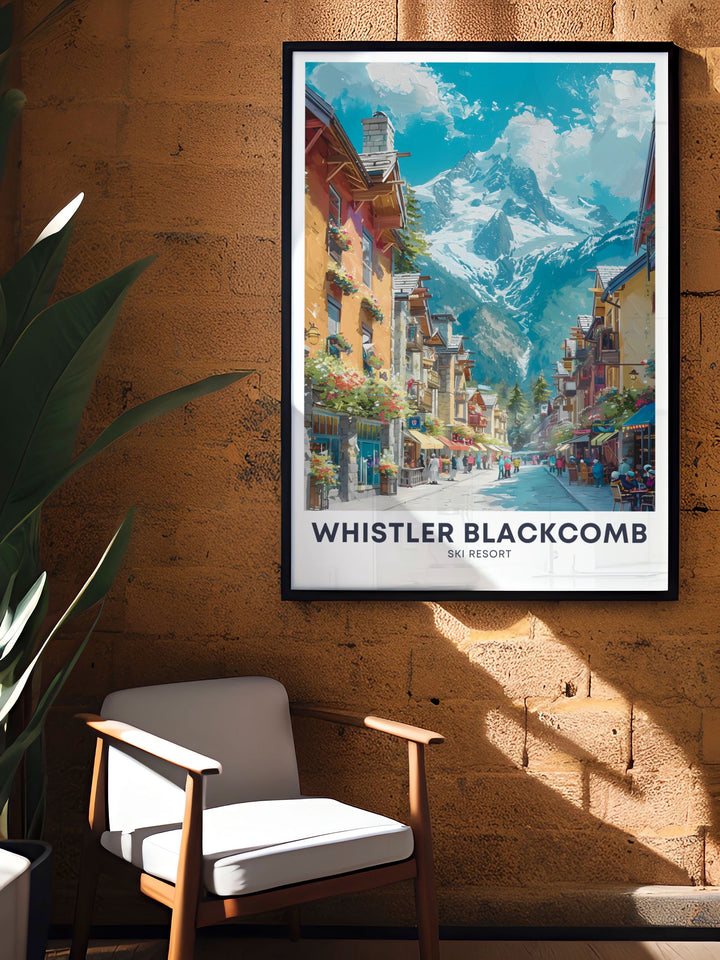 Whistler village poster showcasing the picturesque scenery and bustling life of Whistler Ski Resort, ideal for enhancing your home with unique and captivating art.